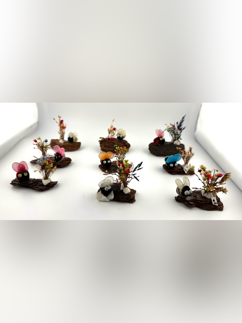 9 Vintage Cottagecore Tiny Insect Art on Natural Bark Base – Unique Pocket Gifts